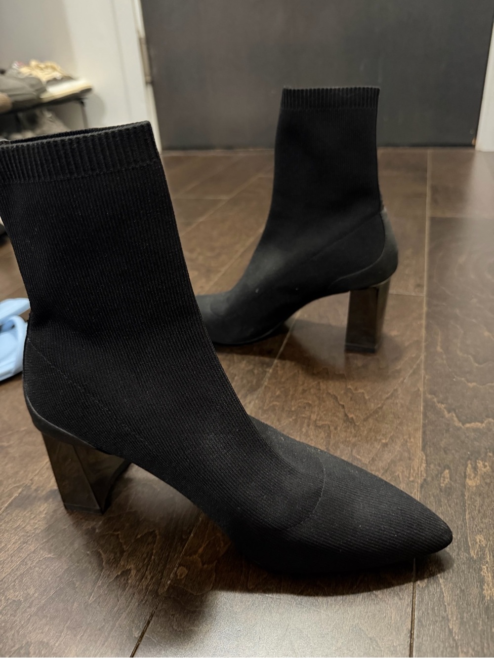 Zara Black Stretch Sock Booties with Block Heel - Pointed Toe